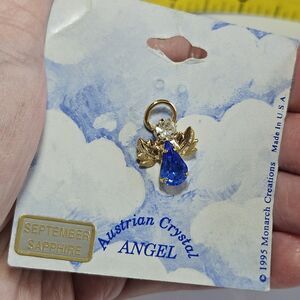 1995 Gold Tone Austrian September Sapphire Crystal Angel Pin Made In USA